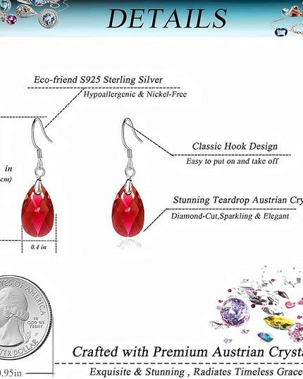 Teardrop Austrian Crystal Drop Dangle Earrings for Women 925 Sterling Silver Hook Hypoallergenic Jewelry
