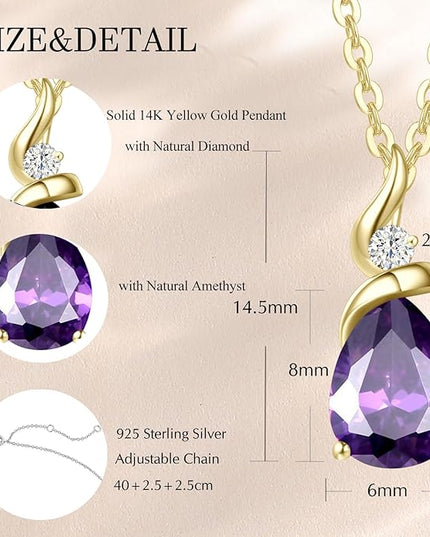 FANCIME 14K Solid Yellow Gold Birthstone Pendant Necklace for Women with Diamond Pear Shaped Teardrop Necklace Birthday Gifts for Mom Women Sterling Silver Chain 16" + 2" Extender