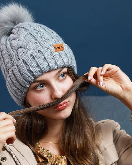 REDESS Women Winter Pompom Beanie Hat with Warm Fleece Lined, Thick Slouchy Snow Knit Skull Ski Cap