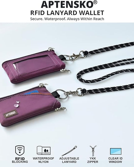 RFID Travel Wallet with Adjustable Lanyard-Zipper Small Wallet with ID Card Holder, Keychain for women&men-Minimalist Slim Waterproof Nylon case for ID, Cash, Key (Plum Wine)