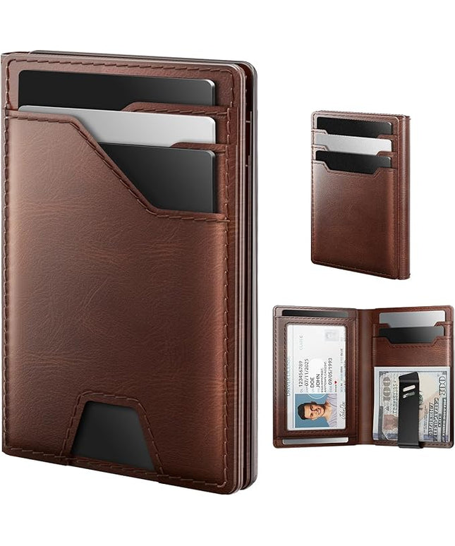 typecase Leather Wallet for Men Card Holder: Premium Genuine Leather, RFID Blocking, Slim, Minimalist, Front Pocket - 15 Cards Capacity | ID Window | Money Clip (Brown)