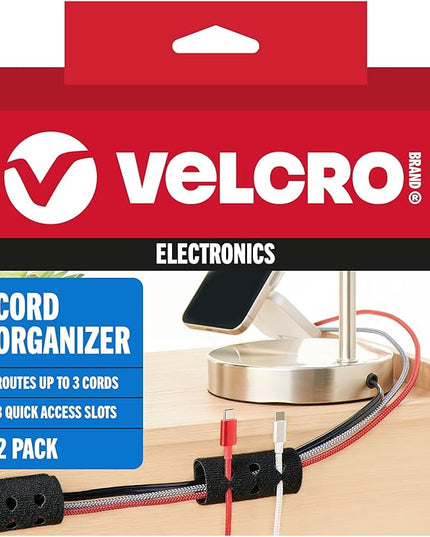 VELCRO Brand Cord Organizer for Desk Cable Management, Nightstand Organization, Unique Dual Function Cable Sleeve Cord Keepers Combo, Holds Wires for Easy Access, Route to Hide, Small 2pk Black