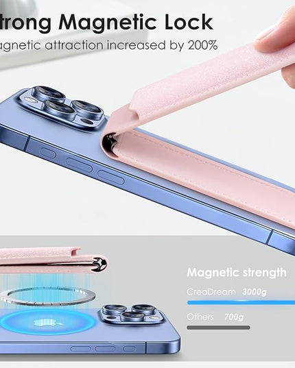 CreaDream Magnetic Wallet, Magnetic Card Wallet Holder with RFID for iPhones, Adjustable Stand with 5 Card Holder for iPhone 17/16/15/14/13/12 Series, Not for iPhone Mini, Sparkle Pink