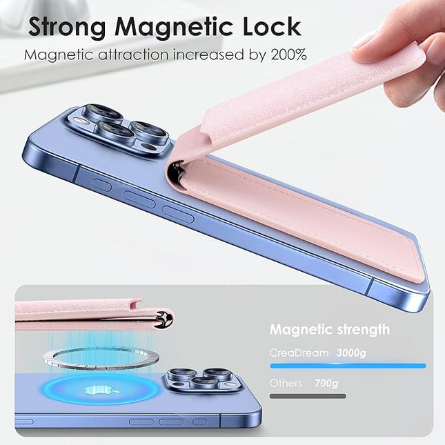 CreaDream Magnetic Wallet, Magnetic Card Wallet Holder with RFID for iPhones, Adjustable Stand with 5 Card Holder for iPhone 17/16/15/14/13/12 Series, Not for iPhone Mini, Sparkle Pink