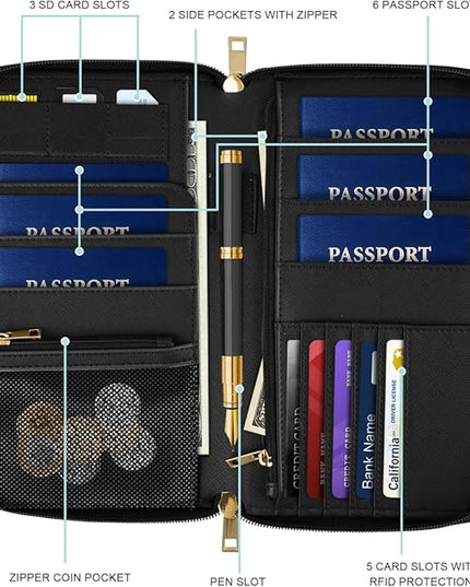 Family Passport Holder Wallet RFID Blocking Document Organizer PU Leather Mulit-purpose Travel Wallet Credit Cards Case for Women Men, Dried Flowers