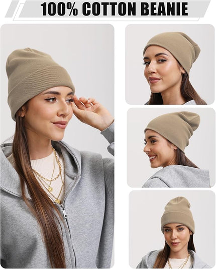 100% Cotton Beanie Hat- Unisex Ultra Soft Winter Warm Stretch Knit Cuffed Hats Fisherman Beanies Skull Cap