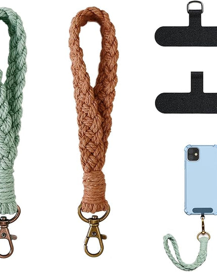 2 PCS Phone Wrist Strap, Cell Phone Lanyard, with 2× Phone Tether Tab, Handmade Macrame Keychain, Phone Case Wrist Lanyard for Women Girls(Coffee+Green)