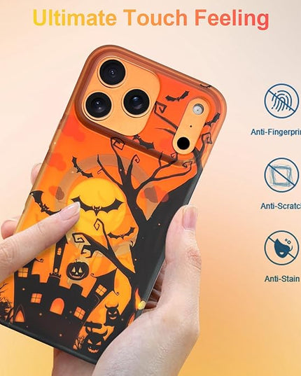 Halloween Case for iPhone 17 Pro Case [ Compatible with Magsafe ] Holographic Orange Sky with Black Castle, Bats, Ghosts and Pumpkins Pattern Design, Creative Magnetic Protective Phone Cover