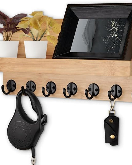 Lwenki Key Holder Wall Mount, Entryway Key and Mail Holder with 7 Sturdy Hooks for Sunglasses, Dog Leash, Decorative Wall Shelf with Mounting Hardware, 15”W x 6.7”H x 4.2”D