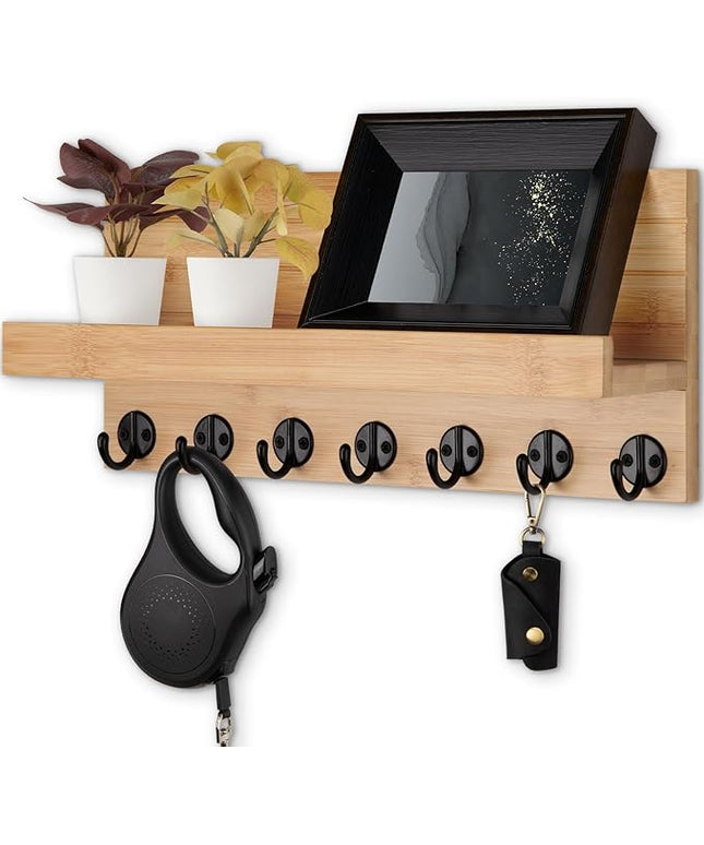 Lwenki Key Holder Wall Mount, Entryway Key and Mail Holder with 7 Sturdy Hooks for Sunglasses, Dog Leash, Decorative Wall Shelf with Mounting Hardware, 15”W x 6.7”H x 4.2”D
