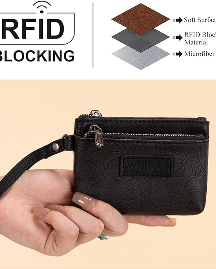 Montana West Wrangler Coin Purse for Women RFID-blocking Floral Embossed Change Pouch Wristlet Wallet Lightweight Portable Wallets Black