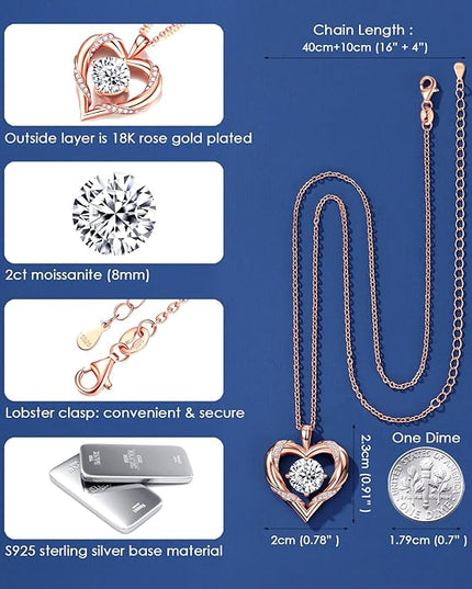 Beam & Bask 2-3 Ct Moissanite Heart Necklaces for Women, 18K Gold Plated Romantic Pendant for Anniversary Birthday, 925 Sterling Silver Jewelry for Wife Girlfriend Mom Her