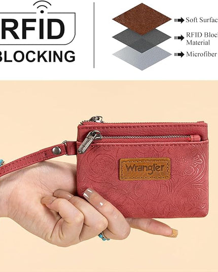 Montana West Wrangler Coin Purse for Women RFID-blocking Floral Embossed Change Pouch Wristlet Wallet Lightweight Portable Wallets Burgundy Red