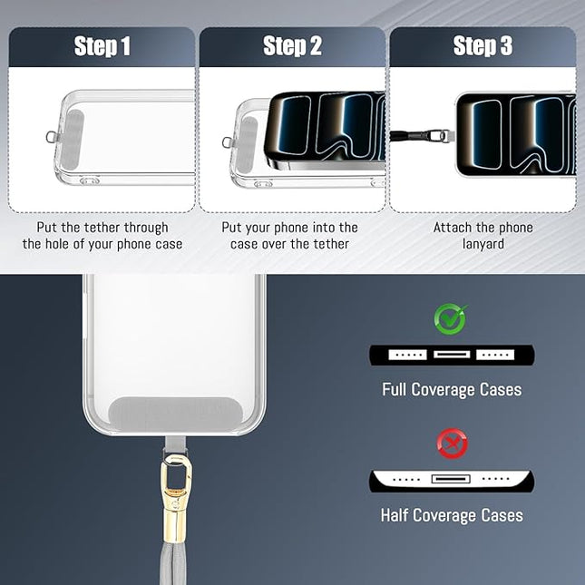 Dadanism Phone Lanyard 2 Pack, 2x Adjustable Crossbody Phone Strap, 2x Tether Tab, Anti-theft Universal Cellphone Multifuctional Patch Lanyards for iPhone & Most Smartphones, Black + Silver Gray