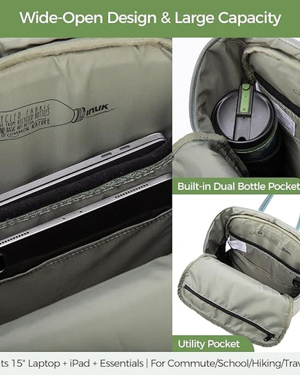 INUK Laptop Backpack for College Students & Work, 25L Lightweight Waterproof Backpack for Business Travel, Hiking Daypack with Padded Sleeve and Safety Whistle, Made from Recycled Materials，Green