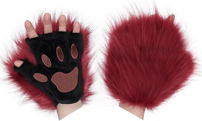 HAOAN Wolf Paw Gloves Faux Fur Cat Fingerless Mittens Winter Warm Cosplay Halloween Fancy Party Costume Accessories