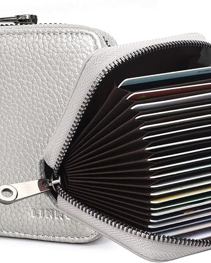 Linno RFID 20 Slots Credit Card Holder Genuine Leather Small Wallet for Women or Men with Zipper