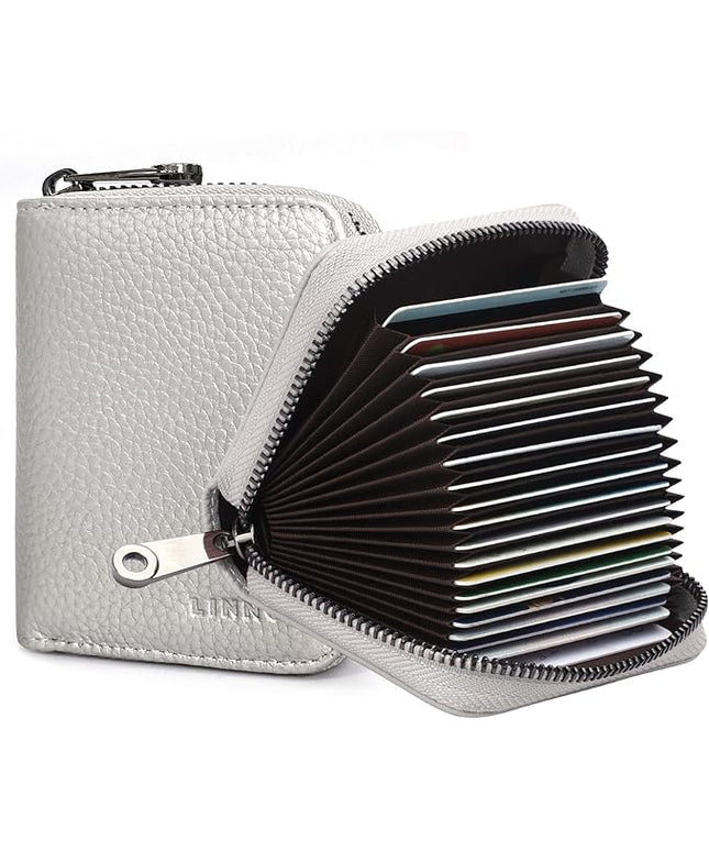 Linno RFID 20 Slots Credit Card Holder Genuine Leather Small Wallet for Women or Men with Zipper