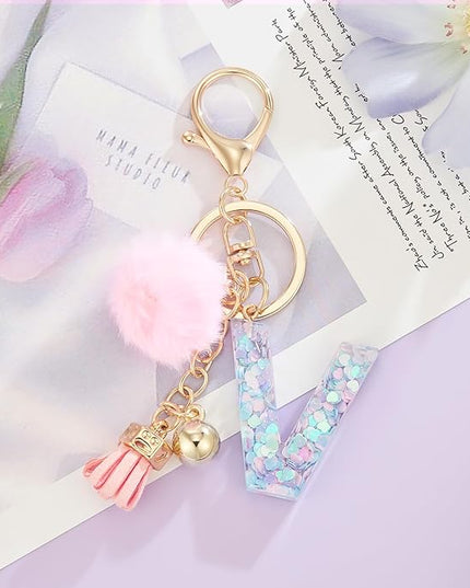 Resin Alphabet Initial Letter Keychain Keyring for Women Purse Handbags With Fur Ball Pom
