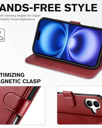 TUCCH Case Wallet for iPhone 16, [RFID Blocking] PU Leather Stand Folio Cover with 4 Card Slots [TPU Protective Interior Shell], Magnetic Flip Case Compatible with iPhone 16 5G 2024, Dark Red