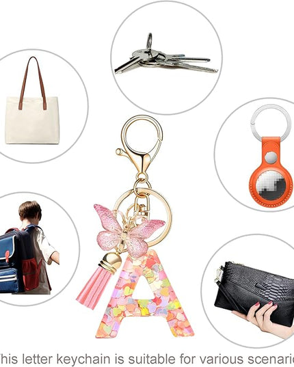 Fashion Alphabet Initial Letter Keychain Tassel Butterfly Pendant Key Ring for Purse Handbags Women Girl