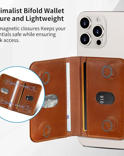 Belemay Minimalist Bifold Magnetic Wallet Compatible with MagSafe, Slim Card Holder for 4 Cards, Vegetable-Tanned Leather, Compatible with iPhone 17/16/15/14/13/12 Series and MagSafe Cases, Brown