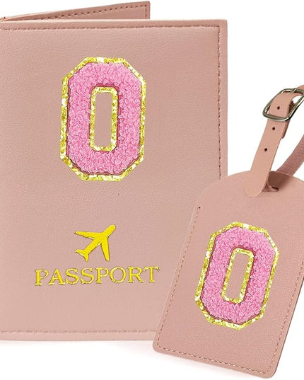 COSHAYSOO Initial Passport Cover Luggage Tag Set Letter Passport Holder Airplane Cruise Travel Essentials Vacation Traveling Accessories Personalized Gifts for Women Teen College Girls Pink O