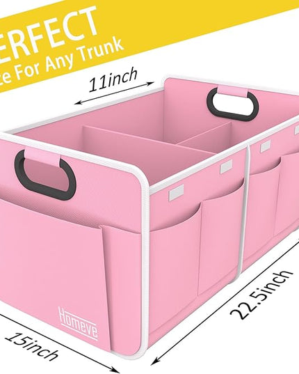 Homeve Trunk Organizer, Car Storage, Reinforced Handles, Collapsible Multi-Compartment, Foldable, Waterproof, Sturdy, 600D Oxford Polyester For Car, SUV, Mini-Van, Pink, 2 Compart