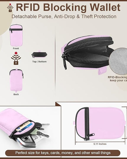 Clip and Go Strap for Phone With Wallet Crossbody (Detachable RFID Blocking Wallet) - Adjustable Phone Lanyard Crossbody with 360° Rotatable Tether Tabs for All Phones (Purple)
