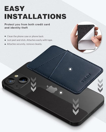 VULKIT Phone Card Holder Wallet Leather Adhesive Pocket RFID Blocking Credit Card Sleeves Stick Back of Phone Smartphones Navy