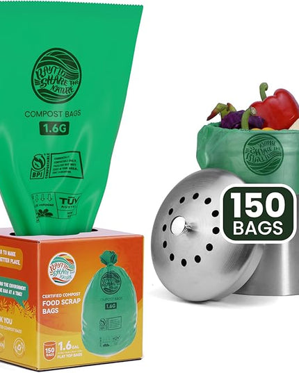 RAYTID 150 Counts 1.6 Gallon (1.6-1.75-2 Gal) Compost bin kitchen Bags, Fit 4.5,6,7,8 Liters,Strong compost bags for countertop bin,ASTM D6400, US BPI and Europe OK compost HOME certified