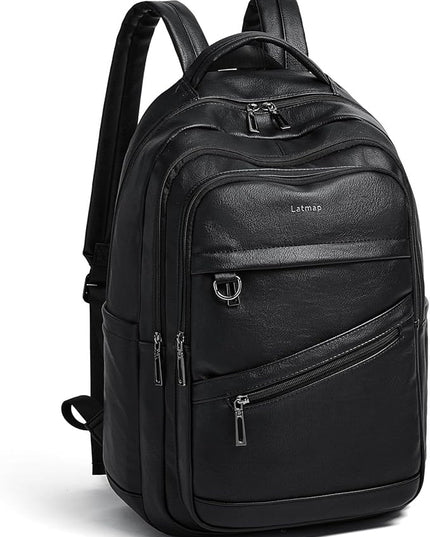 43L Backpack for Women Men - Vegan Leather Backpack Purse Travel Carry-on Bag College Bookbag Work fits 17" Laptop, Black