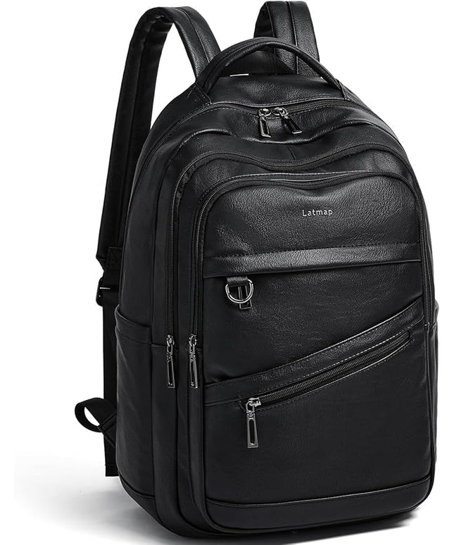 43L Backpack for Women Men - Vegan Leather Backpack Purse Travel Carry-on Bag College Bookbag Work fits 17" Laptop, Black