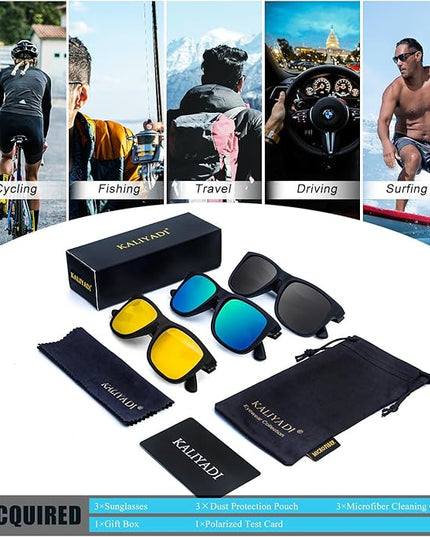 KALIYADI Sunglasses Men Polarized Sun glasses for Mens Womens Classic Matte Black Frame UV Protection 3pack