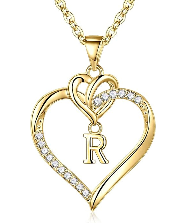 STORUP Christmas Gifts for Women Teen Girls - Heart Initial Necklaces for Women Girls, 14K-Gold-Plated Cubic Zirconia Initial A-Z Pendant Dainty Heart Necklaces for Teen Girl Jewelry Birthday Gifts