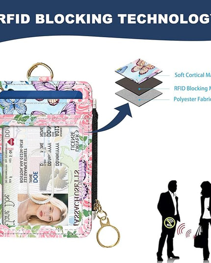 Slim Wallet Credit Card Holder, Butterflies and Flowers, RFID Wallet Women Cute Small Front Pocket Wallet With Zipper, PU Leather Thin travel RFID Blocking Card Case ID Window,Ladies Gifts