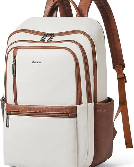 Shrrie 17 inch Leather Laptop Backpack for Women, Large Travel Backpack with 6 Compartments, Computer Backpack Purse for Work College