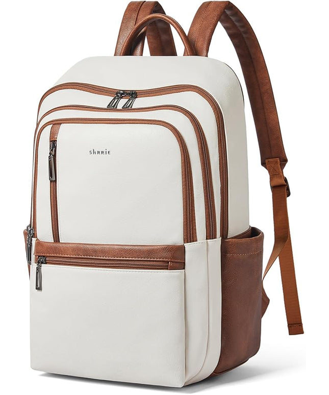 Shrrie 17 inch Leather Laptop Backpack for Women, Large Travel Backpack with 6 Compartments, Computer Backpack Purse for Work College