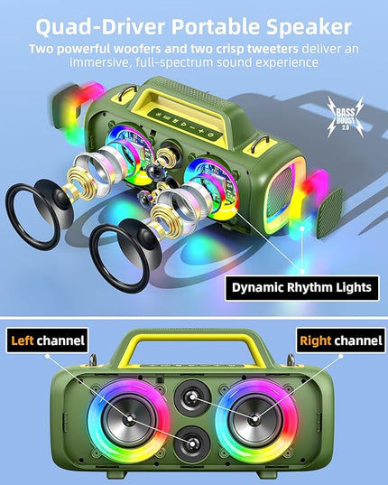Portable Bluetooth Speaker Wireless,140W Peak Loud Sound with 2 Subwoofers and 2 Tweeters, Plus Bass Boost, IP65 Waterproof Outdoor Speaker, 24H Playtime, RGB Lights, TF/AUX/USB/Mic Input, Large Party
