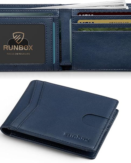 RUNBOX Wallet for Men Slim Leather Bifold RFID Blocking Minimalist Front Pocket Design with Gift Box