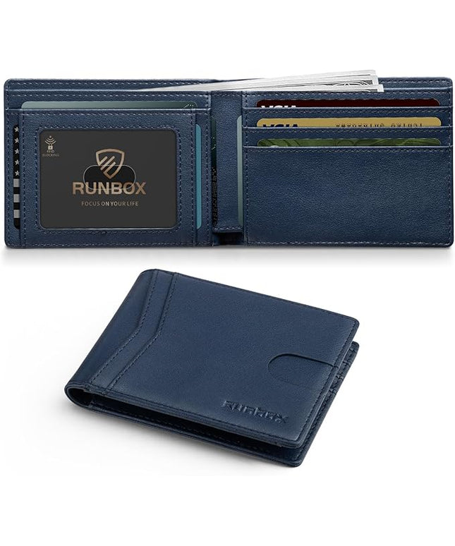 RUNBOX Wallet for Men Slim Leather Bifold RFID Blocking Minimalist Front Pocket Design with Gift Box