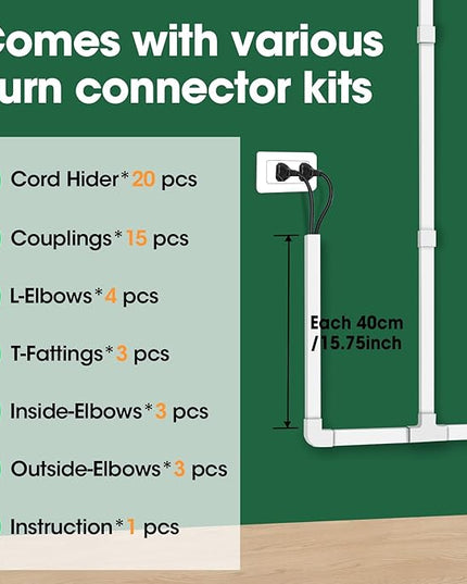 AZEN Cord Hider Kit, 315in Cord Covers for Wires on Wall, Paintable Wire Covers for Cords on Wall, Wire Hiders for TV on Wall, Self-Adhesive Cable Hider Cord Organizer, 20X L15.75X W0.96x H0.57in