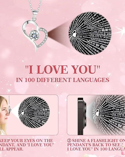 Preserved Real Roses with Heart Necklace I Love You in 100 Languages, Romantic Anniversary Christmas Valentines Day Gifts for Her Women Wife Girlfriend Mom, Forever Roses Necklace Gifts Red