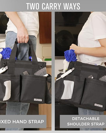 Compact Wearable Cleaning Caddy, Small Supplies Organizer with Handle & Shoulder Straps for Housekeepers, Under Sink & Car Cleaning Tool Organizer Bag (Black)
