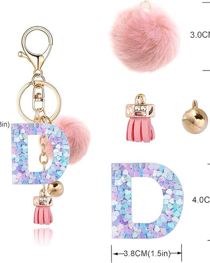 Resin Alphabet Initial Letter Keychain Keyring for Women Purse Handbags With Fur Ball Pom