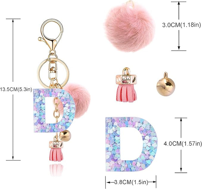 Resin Alphabet Initial Letter Keychain Keyring for Women Purse Handbags With Fur Ball Pom