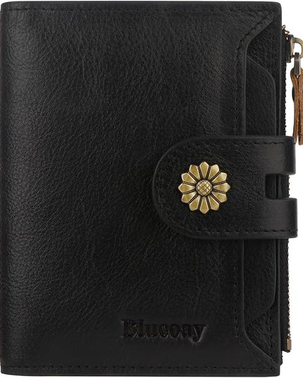 Blucoay Wallet Women,RFID Blocking Leather Womens Wallet Bifold Compact Card Holder Small Wallet for Women with Removable ID Window Black