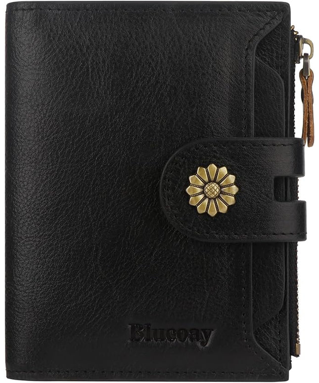 Blucoay Wallet Women,RFID Blocking Leather Womens Wallet Bifold Compact Card Holder Small Wallet for Women with Removable ID Window Black