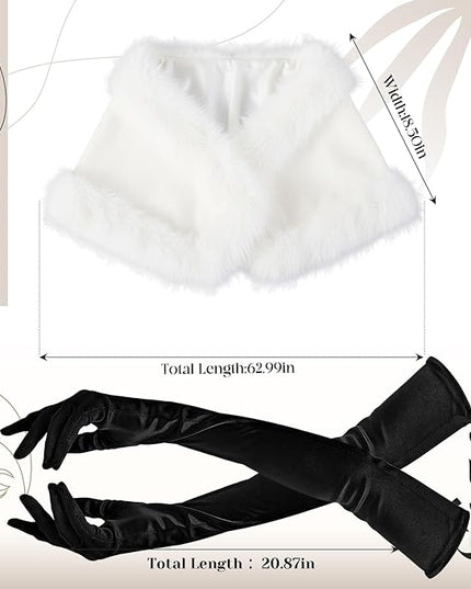 Zhanmai 2 Pcs Winter Long Shawl Cloak Stretchy Glove Opera Bridal Dance Gloves for Women Dress Party Coat