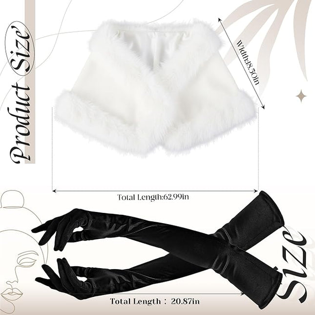 Zhanmai 2 Pcs Winter Long Shawl Cloak Stretchy Glove Opera Bridal Dance Gloves for Women Dress Party Coat